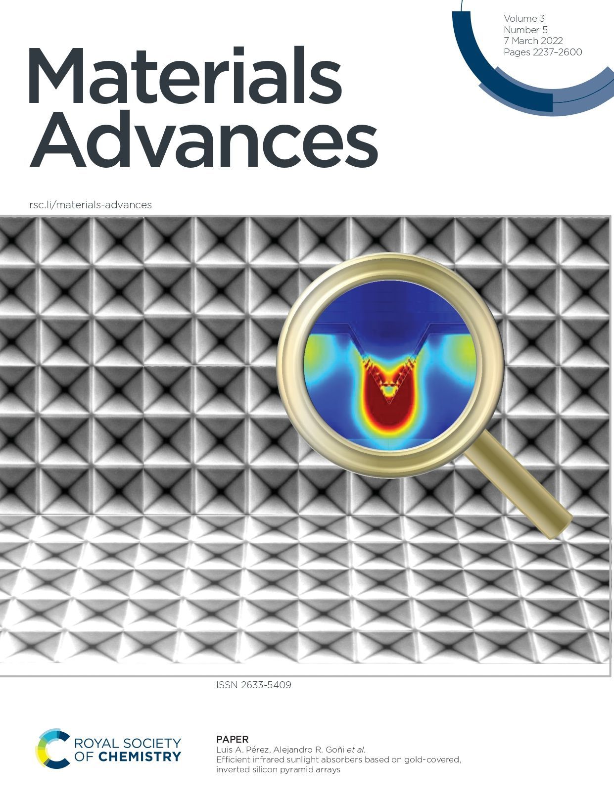 Cover in Materials Advances "Efficient infrared sunlight absorbers based on gold-covered, inverted silicon pyramid arrays"