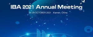 A banner with a skyline on the bottom. It reads: IBA 2021 Annual Meeting 24-29 October 2021 Xiamen, China