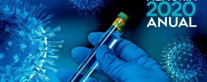 Banner that reads "Memoria Anual 2020", with the CSIC logo. Pictured: a test tube, and the coronavirus