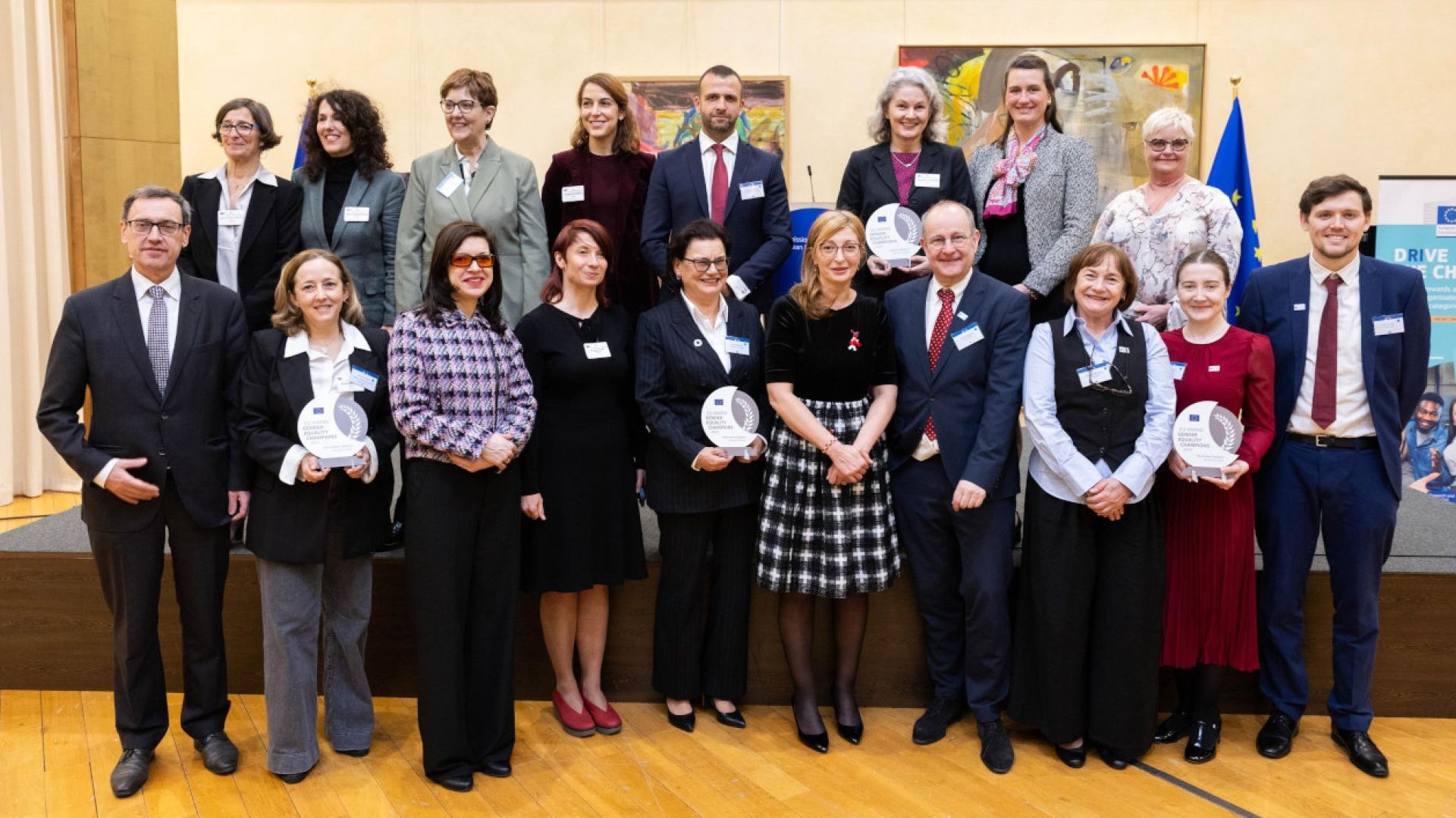 Commissioner Ekaterina Zaharieva and the European Research Executive Agency Director Marc Tachelet with the representatives of the Gender Equality Champion organisations for 2024 | EU Commission