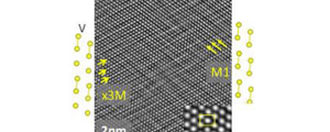 Fourier-filtered electron microscopy image showing phase coexistence between M1 phase and the newly discovered x3M phase, with the two phases weaving across each other forming a “tweed” pattern