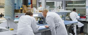 Two ICMAB researchers discussing in a lab
